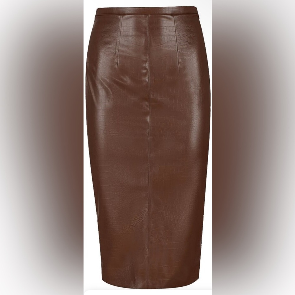 Wolf & Badger Conquista - Camel Faux Croc Leather High Waist Pencil Skirt